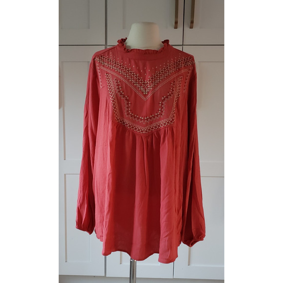 Torrid Shirt Womens 1X Mock Turtle Crinkle Gauze Relaxed Embroidered Boho Blouse - Picture 1 of 8